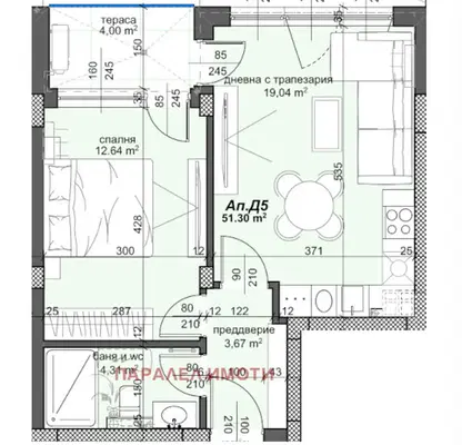 Снимка 2 — Двустаен апартамент в Тракия, Пловдив с тераса