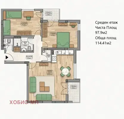 Снимка 3 — Тристаен апартамент с паркомясто в Кършияка, Пловдив