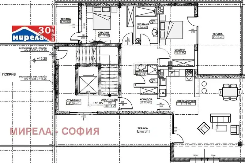 Тристаен апартамент в Дианабад с две тераси