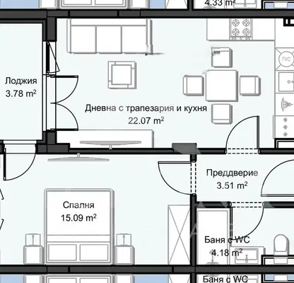 Снимка 2 — Просторен двустаен апартамент с оптимално разпределение в Христо Смирненски