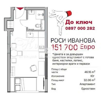 Снимка 2 — Едностаен апартамент с модерно строителство в центъра на София