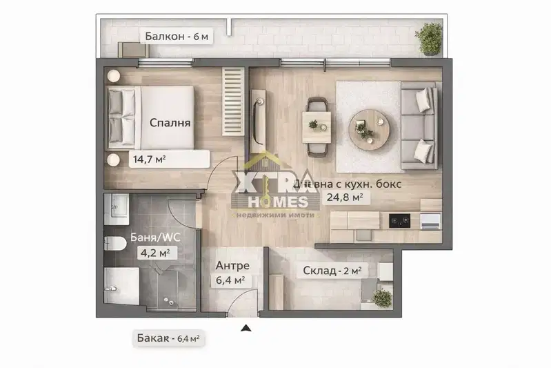 Three-room apartment with balcony in new building in Ovcha kupel