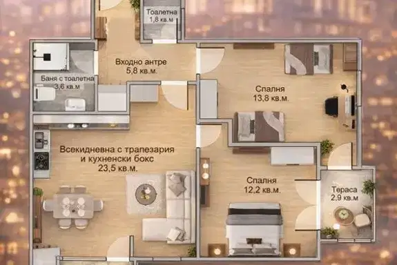 Тристаен апартамент с две тераси в центъра на Пловдив