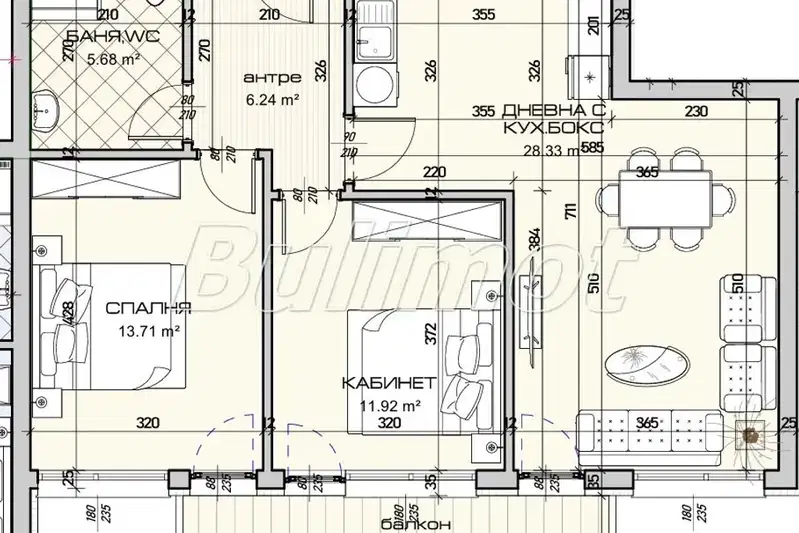 Three-room apartment in Vinitsa with terrace and parking space