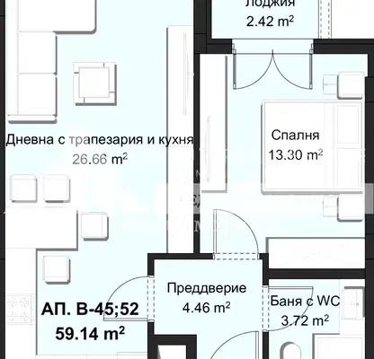 Снимка 2 — Двустаен апартамент на 6-ти етаж в Христо Смирненски, Пловдив