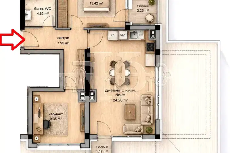 Three-room apartment with large terrace in Izgrev, Varna
