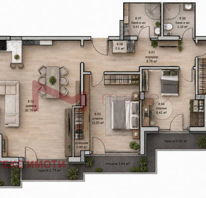 Снимка 3 — Просторен 4-стаен апартамент в Левски 1, Варна с тераса