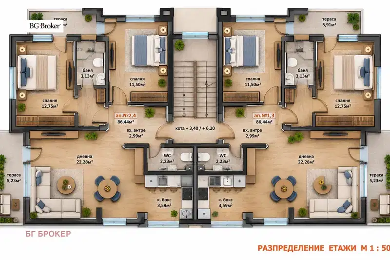 Three-room apartment with two terraces in Aheloy, Burgas region