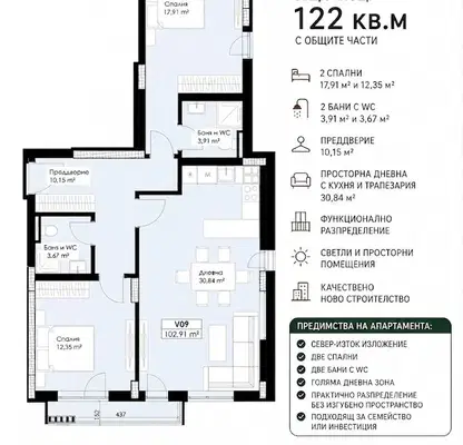 Снимка 3 — Просторен 3-стаен апартамент в Христо Смирненски с тераса