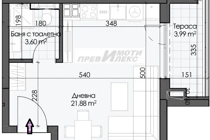 One-room apartment in Karshiyaka, Plovdiv with terrace