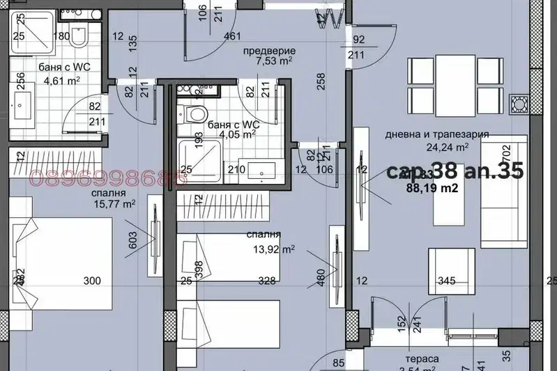 Тристаен апартамент с тераса в затворен комплекс Тракия, Пловдив