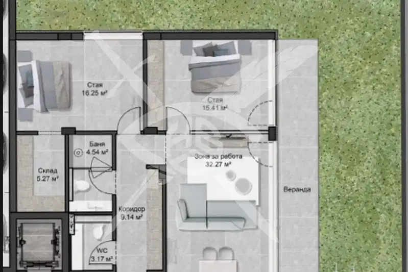 Spacious 3-room apartment with yard in Lozen