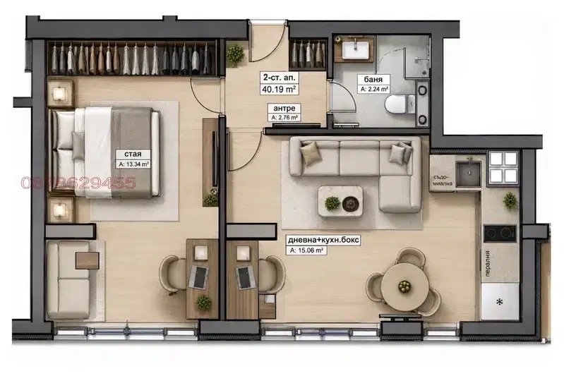 Two-room apartment in Banishora with attic space