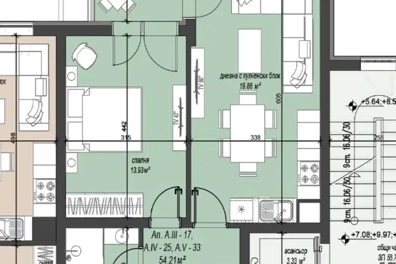 Two-room apartment in Druzhba 2 with modern building