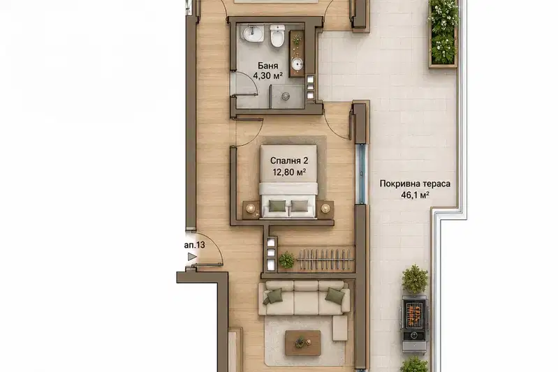 Three-room apartment with large roof terrace in Levski, Sofia