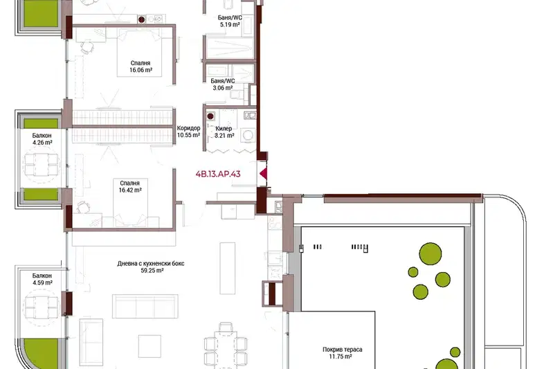 Four-room apartment with roof terrace in Lozenets, Sofia