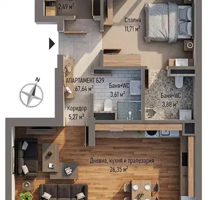 Photo 2 — Two-room apartment with large terrace in Mladost 4, Sofia