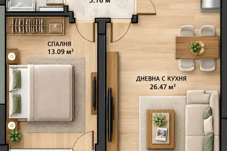 Двустаен апартамент в Гладно поле с тераса и асансьор