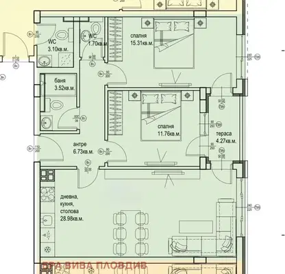 Снимка 3 — Тристаен апартамент в Кършияка, Пловдив с тераса
