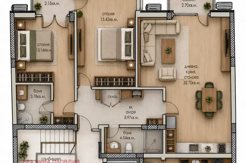Three-room apartment with two terraces in Kyuchuk Parij, Plovdiv