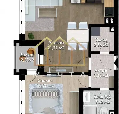 Photo 2 — Two-room apartment with terrace in Yuzhen district, Plovdiv