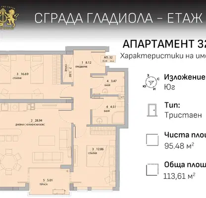 Снимка 5 — Тристаен апартамент в Малинова долина с тераса и асансьор