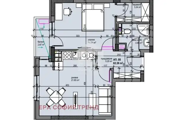 Two-room apartment in Ovcha kupel with balcony and elevator