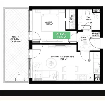 Снимка 3 — Двустаен апартамент с тераса в Света Троица, София