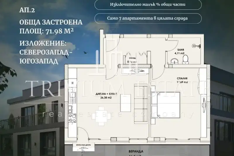 Двустаен апартамент с двор в Коматево, Пловдив