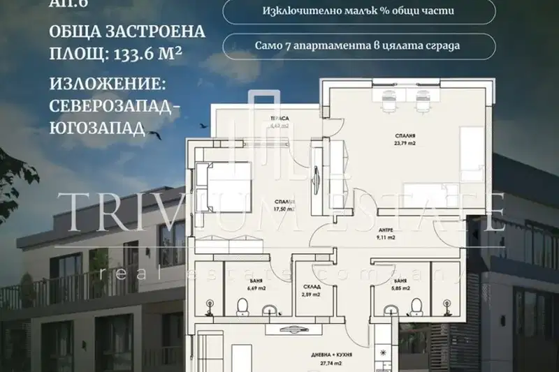 Тристаен апартамент с две тераси в Коматево, Пловдив